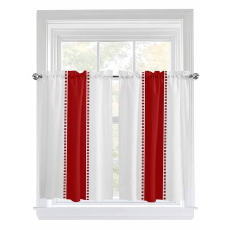 Red Solid Color Texture Kitchen Curtains Tier 45 Inch Length Simple Red Stripes Rod Pocket Light Filtering Window Curtains Living Room Bedroom Curtain Drapes Cafe Curtain 27.5 x45 x2