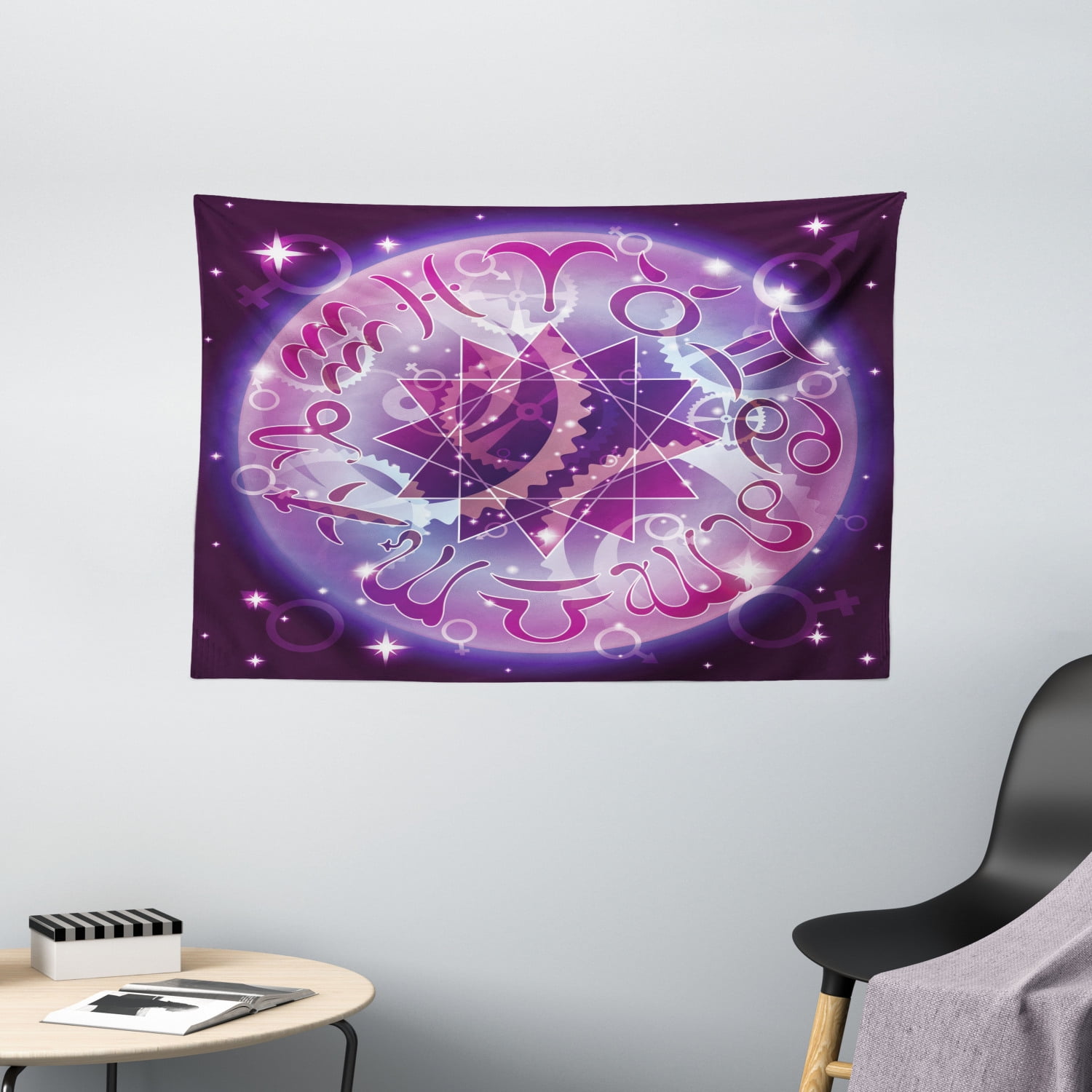 Astrology Tapestry, Zodiac Circle in Space with Abstract Gender Signs
