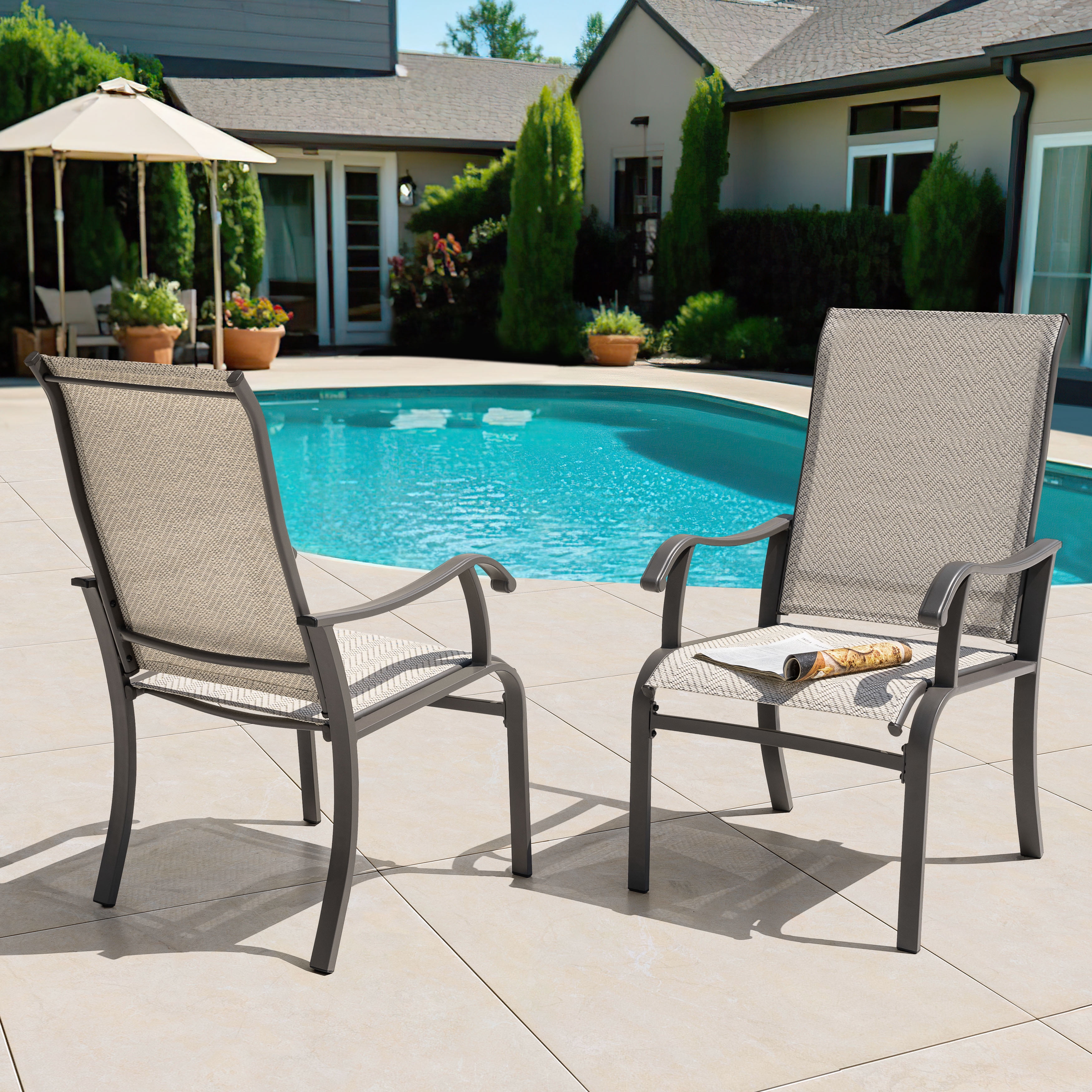 Nuu Garden Outdoor Dining Chairs Set of 2, Patio Dining Furniture Set with Powder-Coated Frame, Weather-Resistant Metal Dining Chairs with Textilene High Back and Wider Seat for Outside, Beige