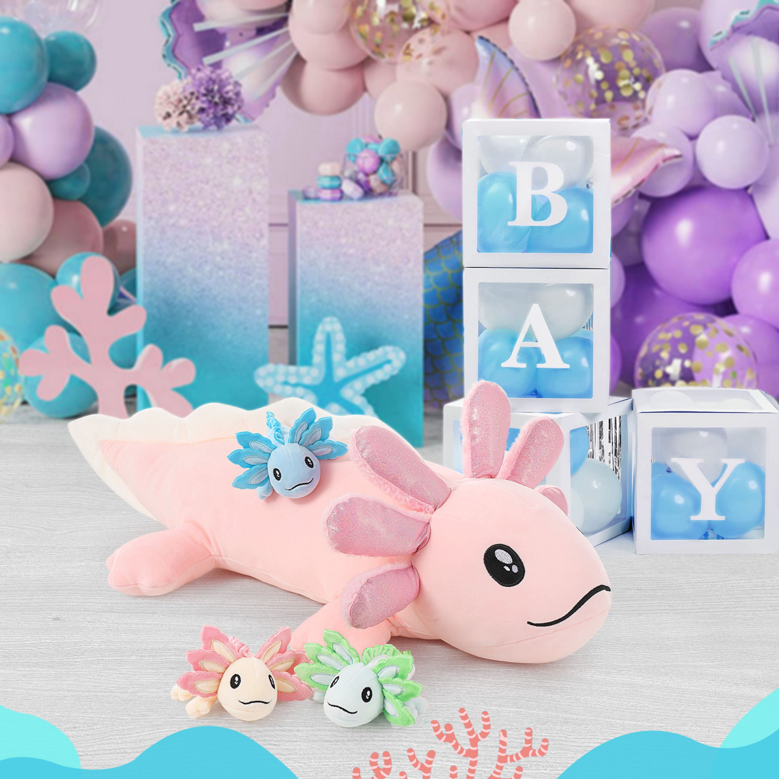 Tezituor 4Pcs Axolotl Stuffed Animal 31.5'' Giant Axolotl Plush with 3 Babies Plush Toy