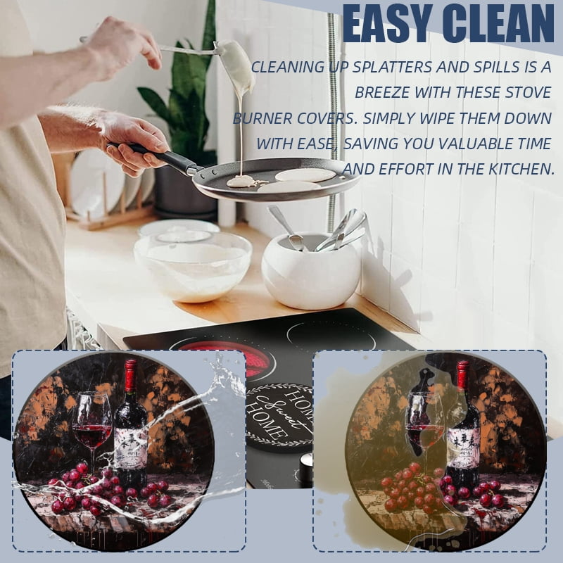 Round Stove Burner Covers Set of 4, Retro Wine and Grapes Pattern Easy to Clean Kitchen Decorative Gas Stove Burner Covers, 8 Inches and 10 Inches