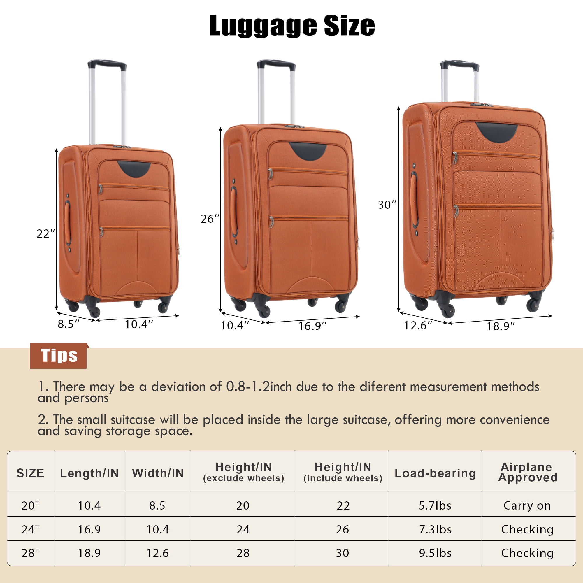 PAPROOS 3 PCS Luggage Set with Duffel Bag, Lightweight Carry on Softside Suitcases Set, 20in 24in 28in Expandable Suitcase with Spinner Wheel and TSA Lock, Softshell Luggage Travel Set, Orange