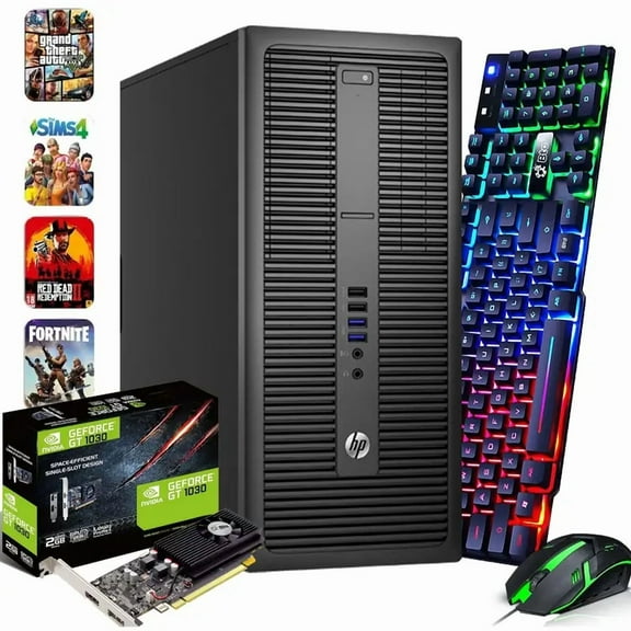 Restored HP G1 Desktop Gaming Tower PC, Intel Core i5-4th Gen. 16GB Ram, 256GB SSD, NVIDIA GeForce GT 1030 DDR5, WiFi, RGB Keyboard & Mouse, Windows 11 Pro (Refurbished)