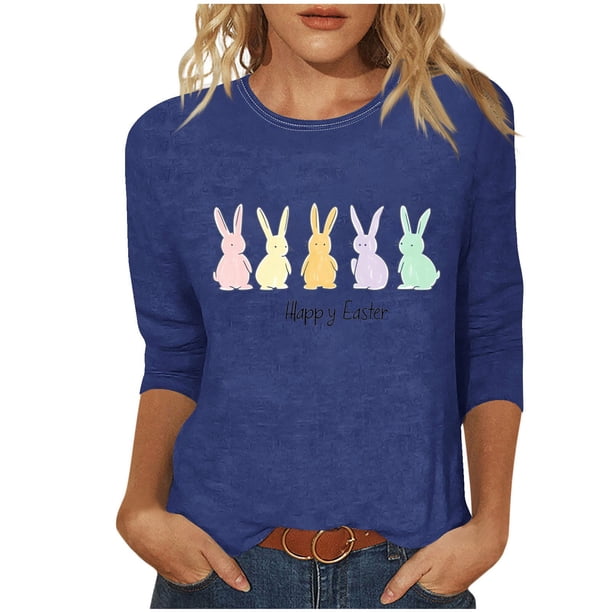 Tops de Cuello Redondo para las Mujeres Pascua Impresa 3/4 Mangas Blusa, Ligera Imitación Algodón Top Casual