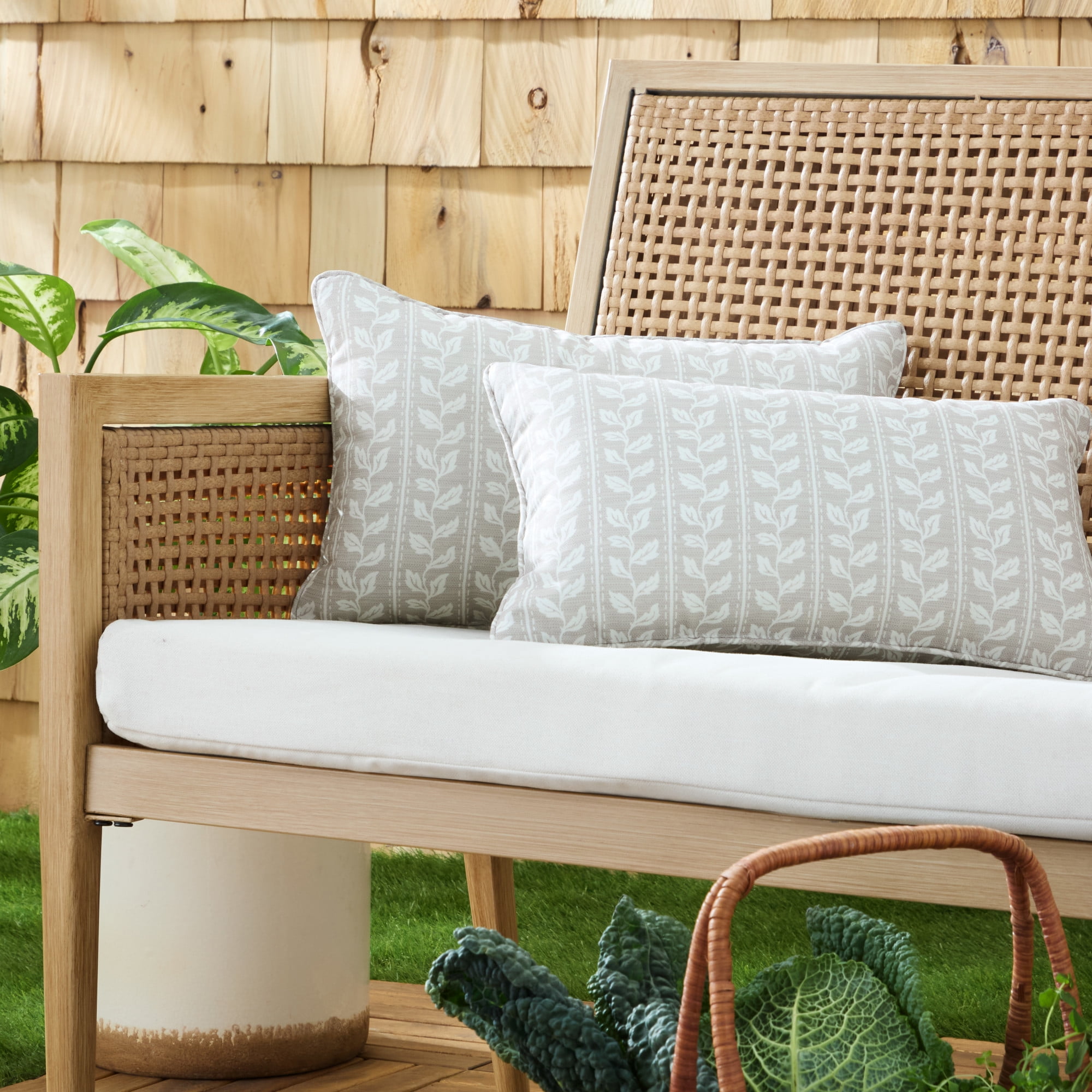 MARTHA STEWART Vineyard Vines Indoor Outdoor Decorative Lumbar Pillow 2-Pack Set, UV Fade Resistant, Water Repellent, Printed Garden Design, Warm Grey, 11"x18"