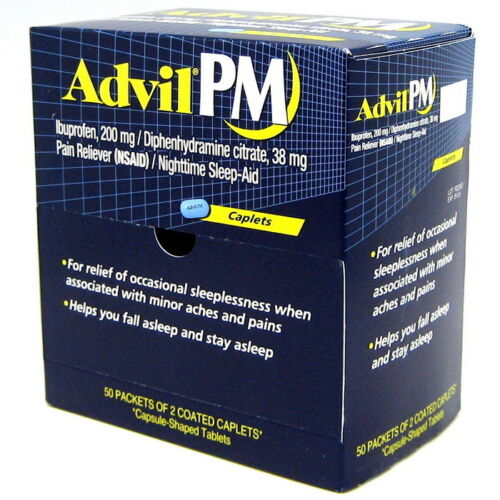 Advil PM (50 x 2 Packets - 100 Count) Pain Reliever / Nighttime Sleep Aid Coated Caplet, 200mg Ibuprofen, 38mg Diphenhydramine