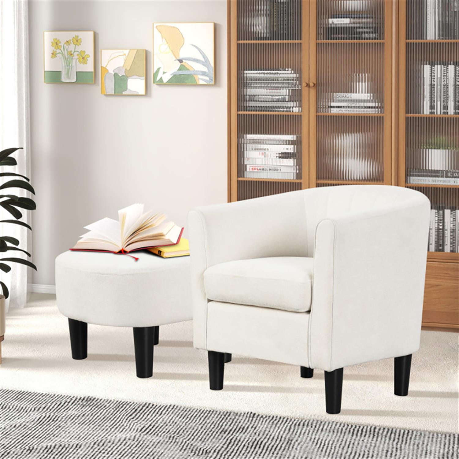 Demi Bonn Modern Club Barrel Accent Chair, Elegant Armchair with Ottoman Footrest Curved Backrest, Suitable for Living Room Bedroom Reception Room Office, Beige