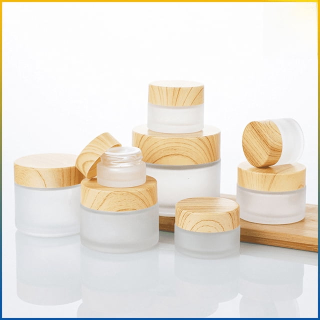 Botella de crema con tapa de grano de madera, botella de crema, botella de vidrio esmerilado para cosméticos, botella de crema de 30 g y 50 g