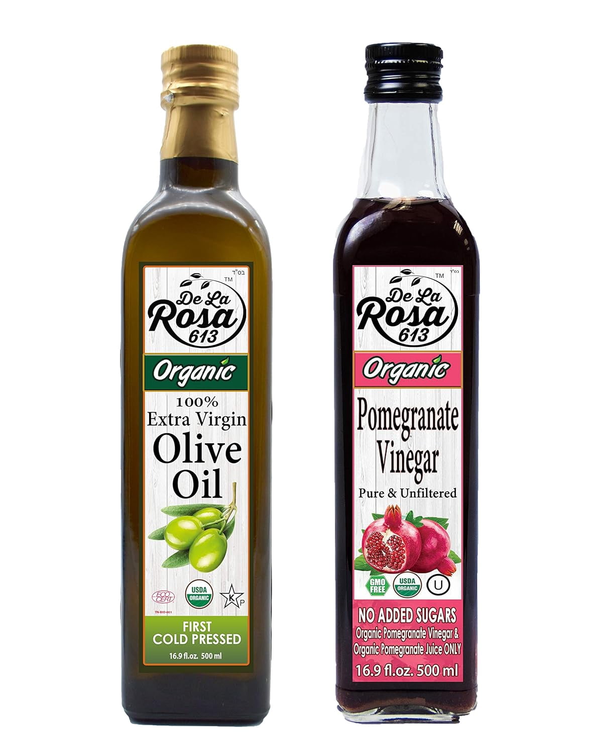 De La Rosa 613 Organic Extra Virgin Olive Oil & Pomegranate Vinegar,Kosher for Passover,16.9 oz(2 Pack)