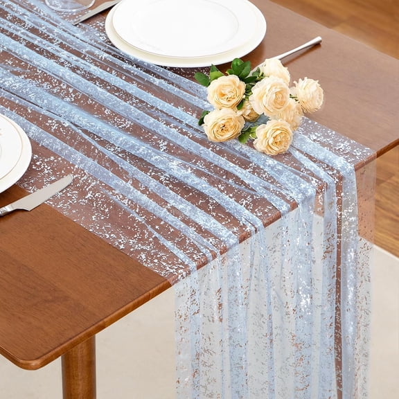 Light Blue Table Runner 120 Inch 10 Ft, Sheer Gauze Tulle Sequin Silvery Glitter Metallic Foil Table Runners for Dining Wedding Anniversary Party Birthday Christmas Thanksgiving