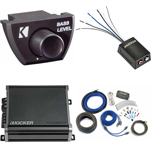 KICKER CXA800.1 800 Watt Mono Amp, KISLOC2 & 4AWG 2 Channel Amp Install Kit w/ Bass Knob Bundle
