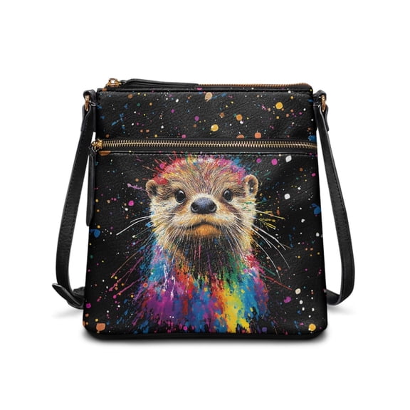 Kuiaobaty Ink Splash Print Crossbody bag for Women, Ethnic Style Otter Print Leather Messenger Purse with Adjustable Strap, Medium Size Roomy Hobo Handbag Crossbody for Travel