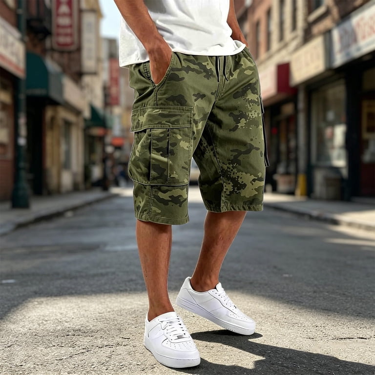 Men's Camo Shorts Drawstring Relaxed Fit Lightweight Multi Pocket