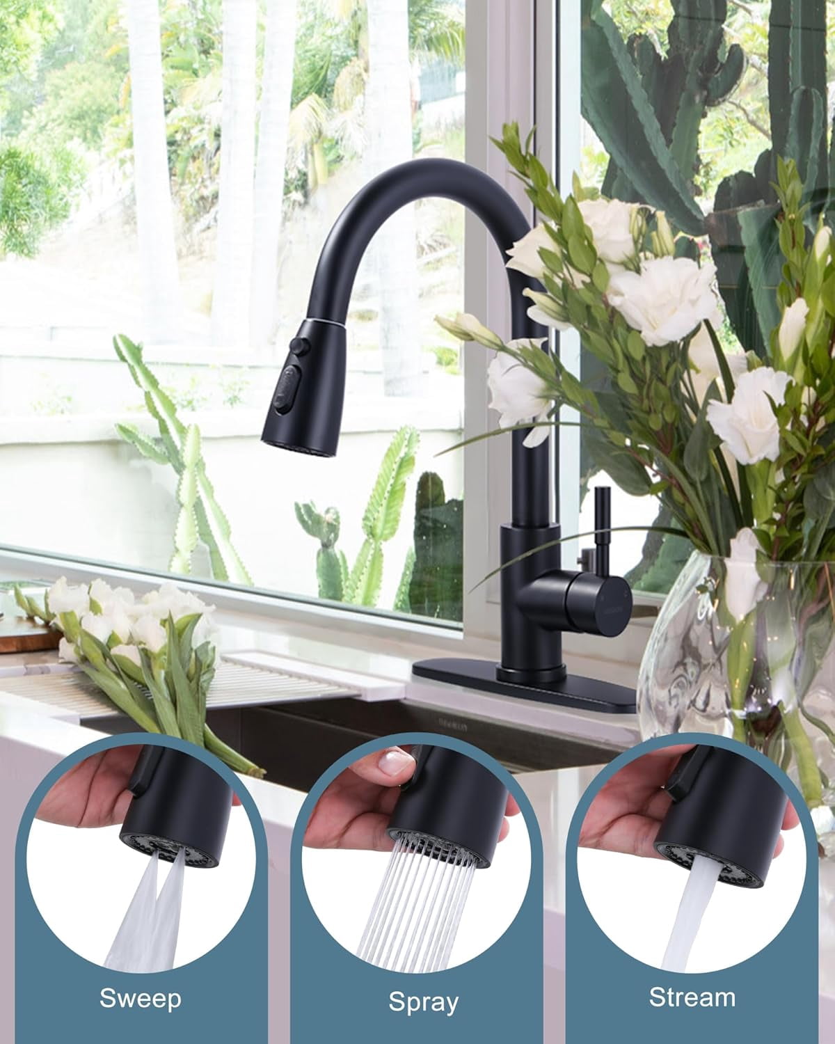DukLik Kitchen Faucets with Pull Down Sprayer, Brushed Nickel Lead-Free Single Handle High Arc Stainless Steel Faucet for Sink RV Black