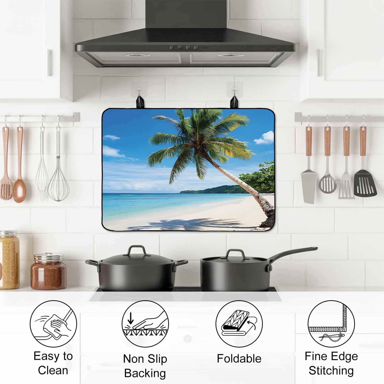 Coastal Tropical Stove Top Cover for Electric Stove, Heat-proof & Non Slip Glass Top Stove Cover Protector, Blue Sky Coconut Tree Summer Beach Kitchen Flat Cooktop Rubber Mat 24x21 Inches
