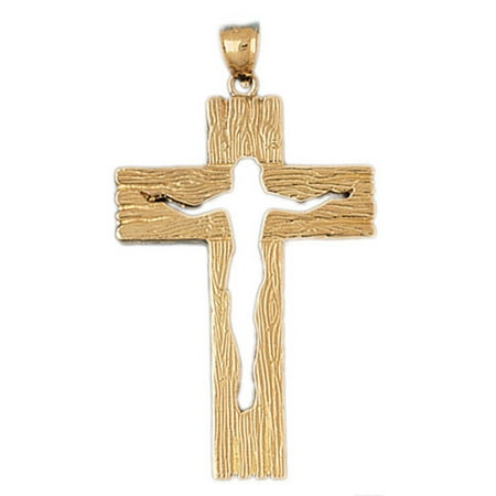 Cut Out Cross - 14K Yellow Gold Jesus Cut Out on Wood Cross Pendant - 60 mm