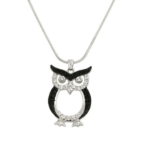 Owl Pendant Necklace Rhinestone Crystal Rhodium High Polished J0102