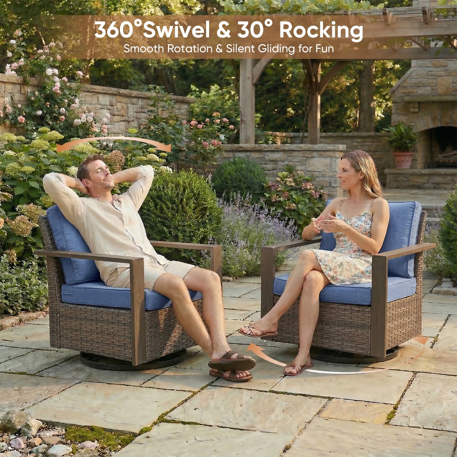Luxury 5 Pieces Patio Furniture Sets with 50000BTU Propane Fire Pit Table,Outdoor Deep Seating Conversation Set with 4 Swivel Glider Patio Chair for Porch Backyard Balcony