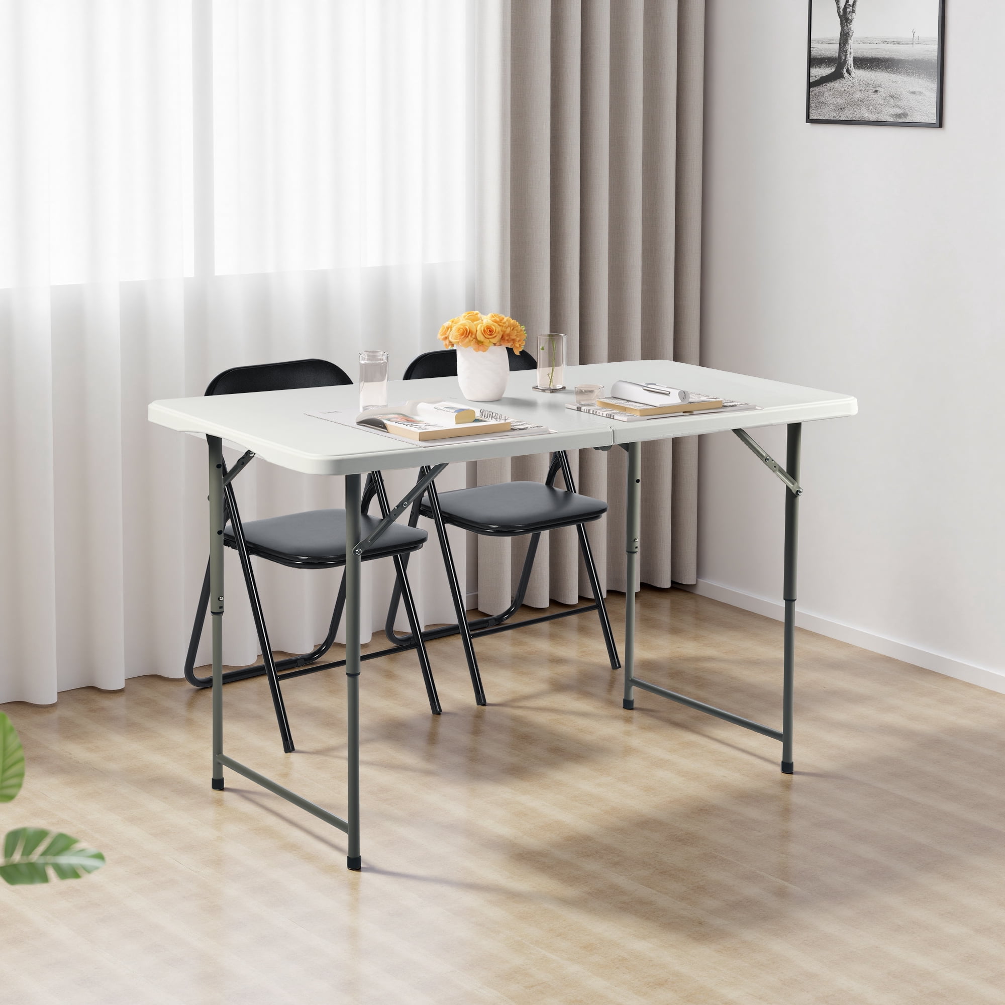 4 Foot Rectangular Folding Table, 4 Height Adjustable Portable Table with Handle, Sturdy Foldable Table for Indoor Outdoor Events Parties BBQ