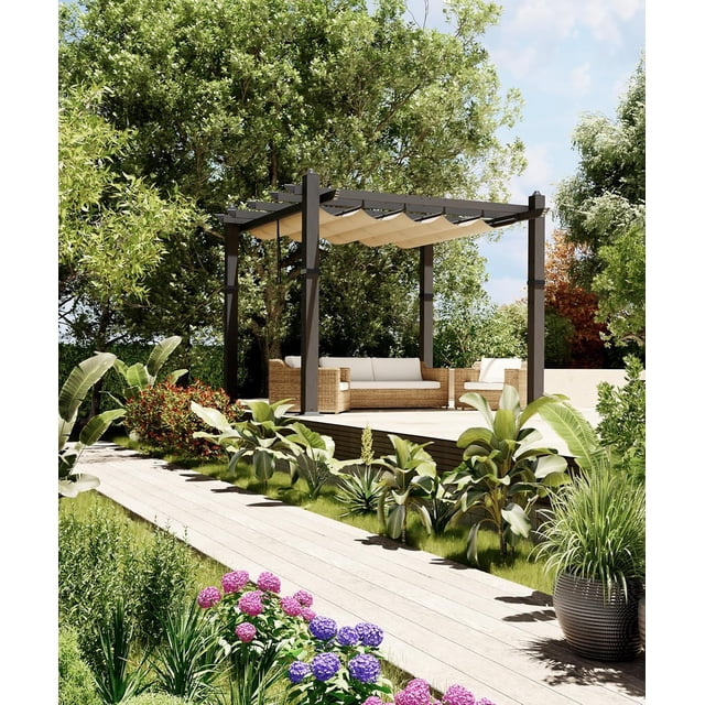 Pergola Extérieure de 10 X 10 Pieds - Cadre en Aluminium Robuste avec Auvent Rétractable, Résistant à l'Eau, Protection UV, Élégant, Durable et Facile à Assembler (Colonne Grise, Rideau Kaki