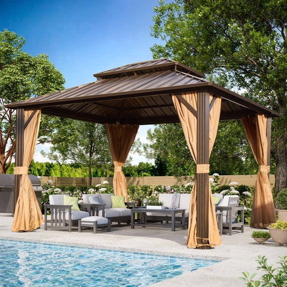 U-homy 10'x12' Hardtop Gazebo with Galvanized Steel Roof & Aluminum Frame, All-Weather Permanent Outdoor Pavilion with Mosquito Netting & Curtains for Patio