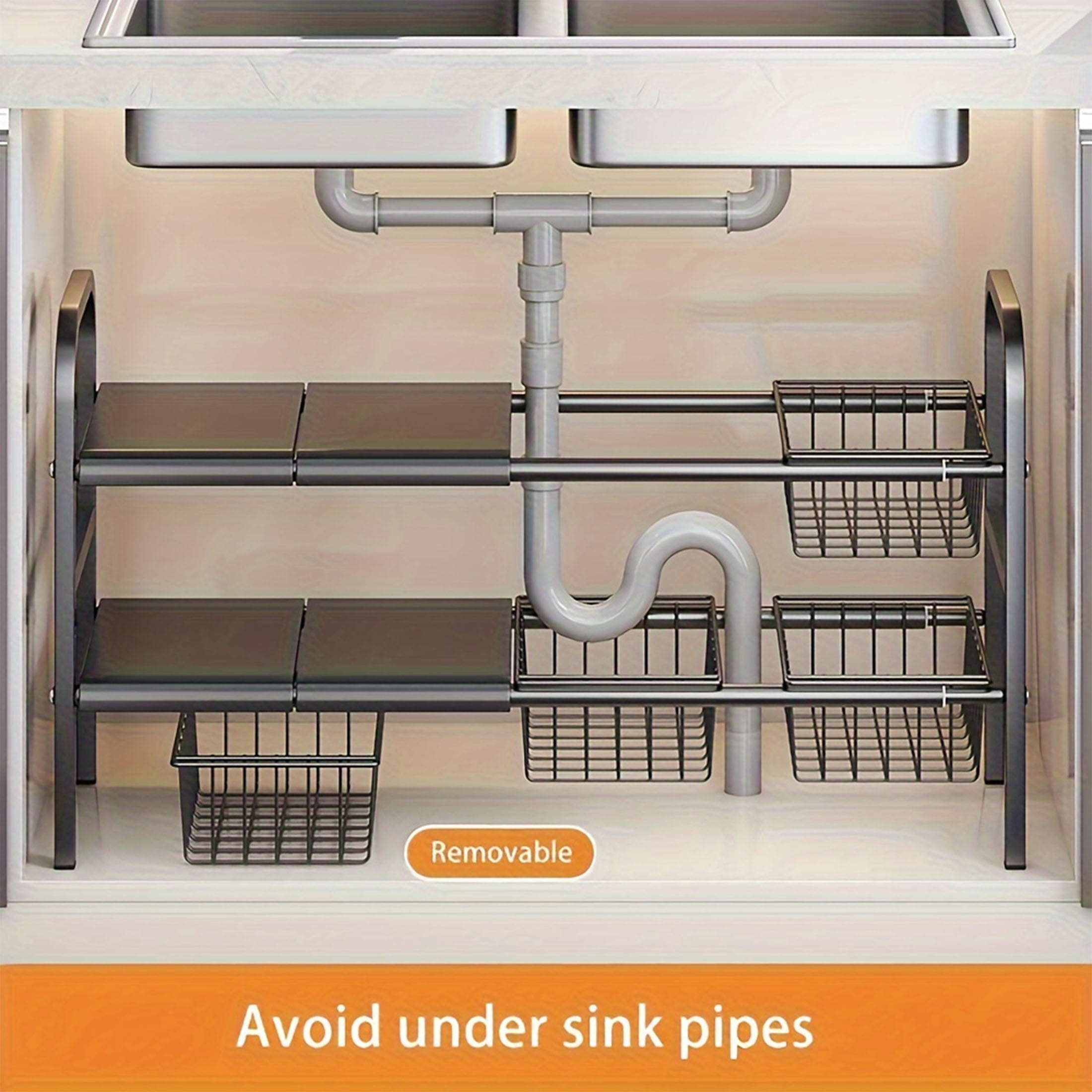 1pc Expandable Under Sink Organizers and Storage  2 Tier Cabinet Shelf Organizer with 5 Detachable Panels 5 baskets for Under Kitchen Bathroom Sink Organizers and Storage