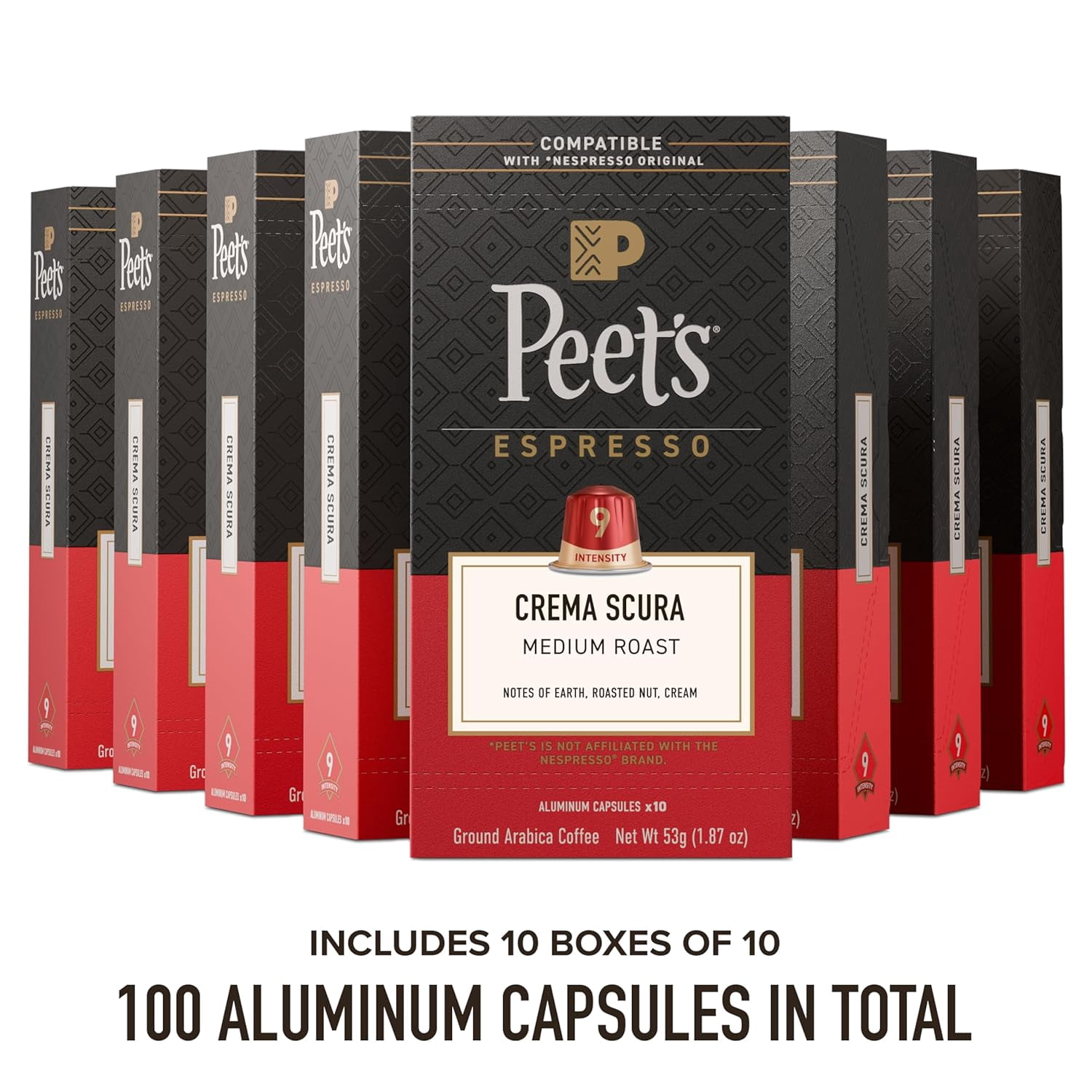 Peet's Coffee, Medium Roast Espresso Capsules, Compatible with Nespresso Original Machine, 100% Arabica Coffee - Crema Scura Intensity 9, 100 Count (10 Boxes of 10 Espresso Capsules)