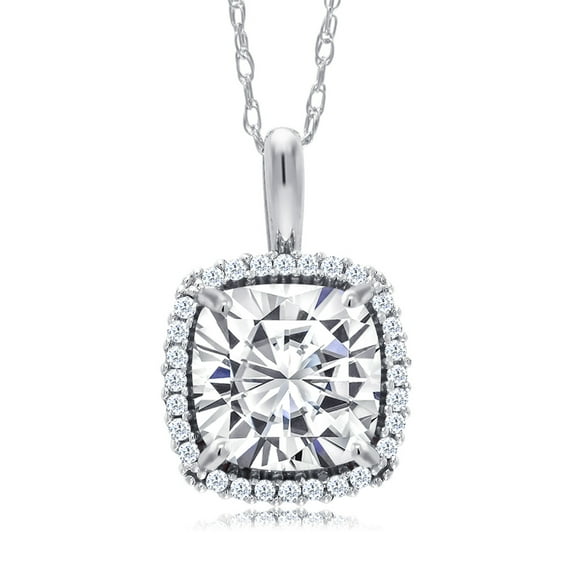 Gem Stone King 10K White Gold White Moissanite and White Diamond Pendant Necklace for Women | 1.90 Cttw | Gemstone Birthstone, | Cushion Cut 7MM | With 18 inch Chain