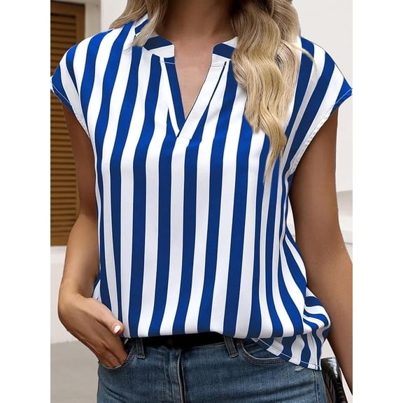 Women's Sleeveless Chiffon V-Neck Batwing Sleeve Shirt, Loose Casual Fresh Sweet Striped Blouse