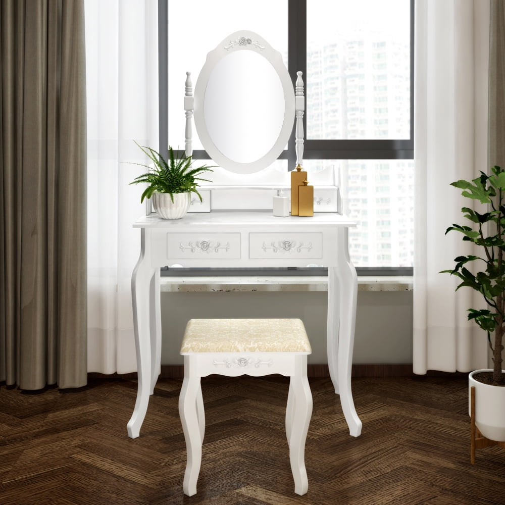 White 4 drawer dressing table with mirror and stool flower 