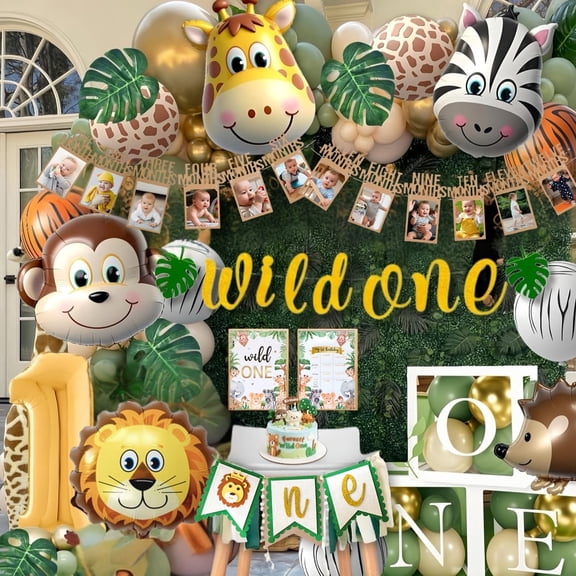 Wild One Birthday Decorations, 1st Birthday Decorations for Boy or Girl, Photo Banner, Balloon Box, Balloons Garland, High Chair Banner, Jungle Theme Safari Party Backdrop for Boys & Girls
