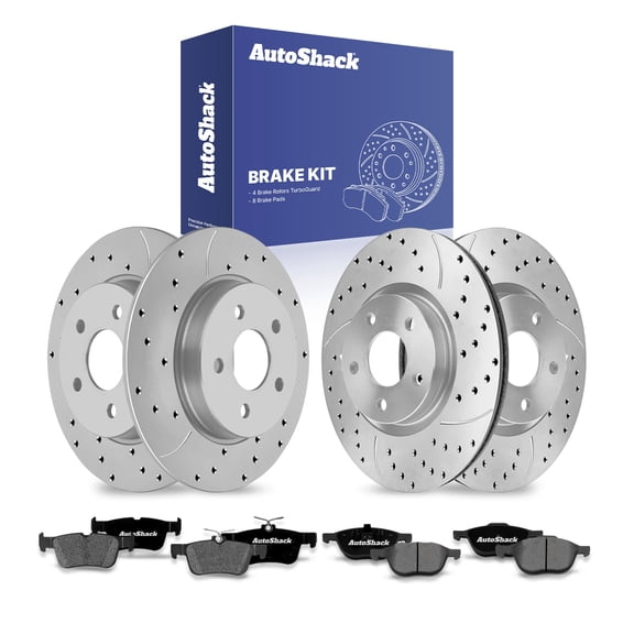 AutoShack Front & Rear Brake Rotors & Premium Pads for Ford, Focus 2012-2018, FWD L4 2.0L - Coated Drilled & Slotted - Silver Matte Finish - TurboGuard