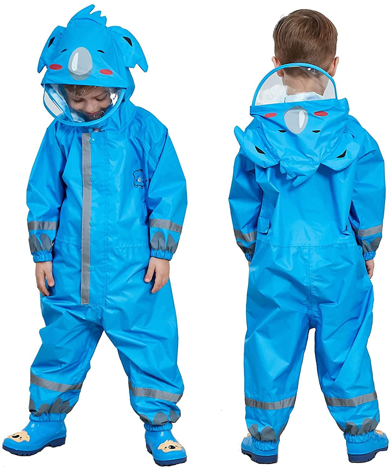 Cute Children Animal Raincoat，Waterproof Breathable All in One Rainsuit，Reflector Lightweight PVC Transparent Hat for Boys Girls 3-10 Years 
