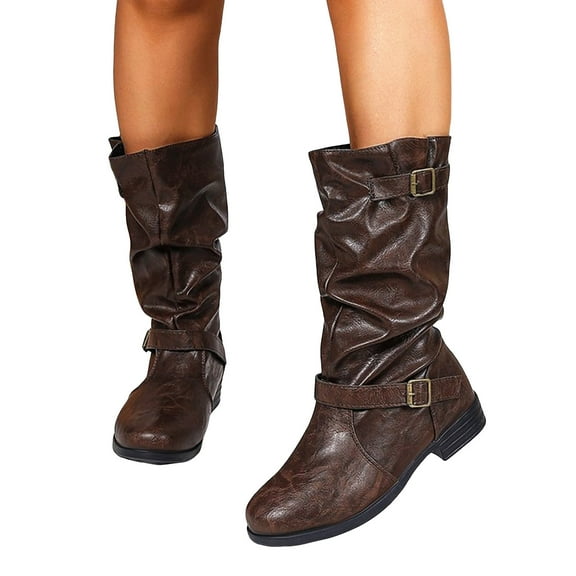 Slouchy Mid Calf Boots for Women Vintage Leather Wide Calf Round Toe Casual Low Heel Pull on Riding Booties