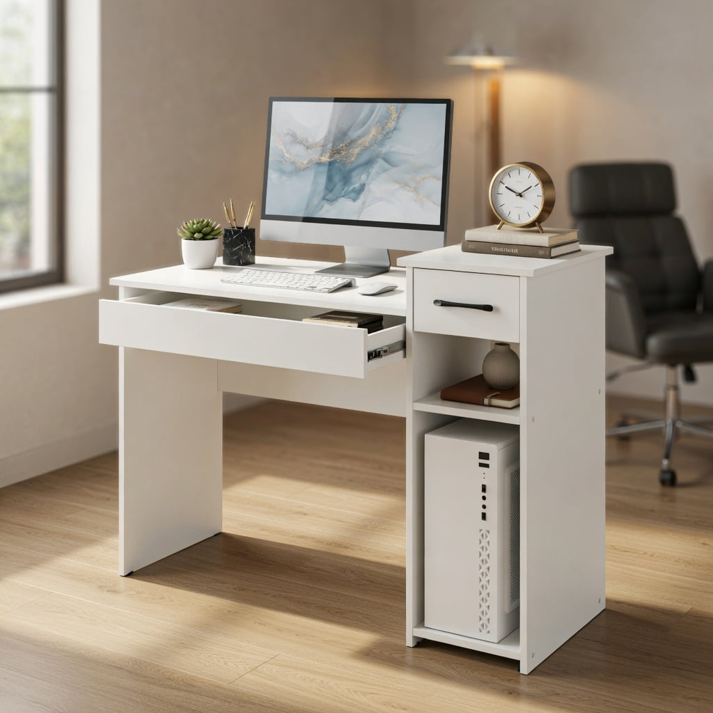 Spaco Computer Desk PC Laptop Table with Drawer and Shelf-White, Office Desk, Gaming Computer Desks for Study,Working,Writing