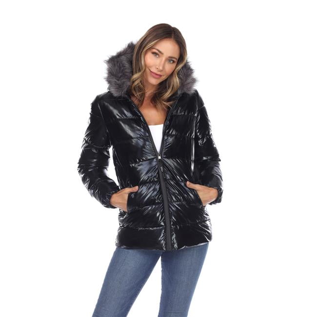 927 01 L Women Metallic Puffer Coat with Hoodie Black Large