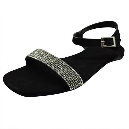 

new home gifts for home Women Flip-Flops Buckle Flat With Strappy Open Toe Beach Shoe Rhinestone Sandals Flock Black