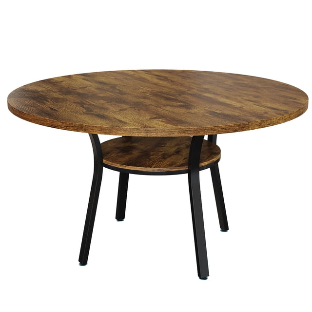 QinaQin Mesa redonda de comedor de 47 pulgadas para 4 a 6 personas, estilo farmhouse con repisa inferior, cubierta de madera y patas metálicas