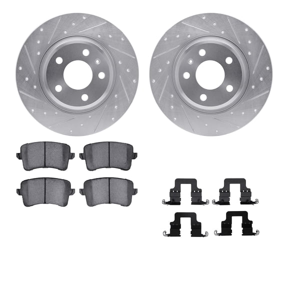Dynamic Friction Company Rear Brake Rotors-Drilled and Slotted-Silver with 5000 Euro Ceramic Brake Pads includes Hardware 7612-73051