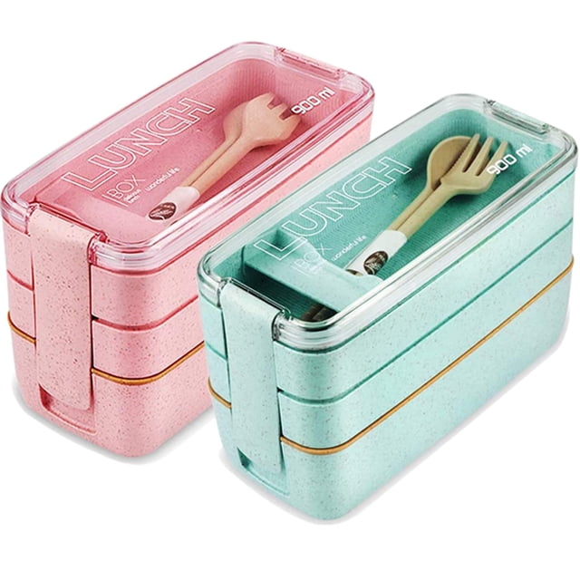 2 Pack Bento Lunch Box, Stackable Bento Box, 3-In-1 Compartment - Wheat Straw, Leakproof Eco-Friendly Bento Lunch Box Meal Prep Containers