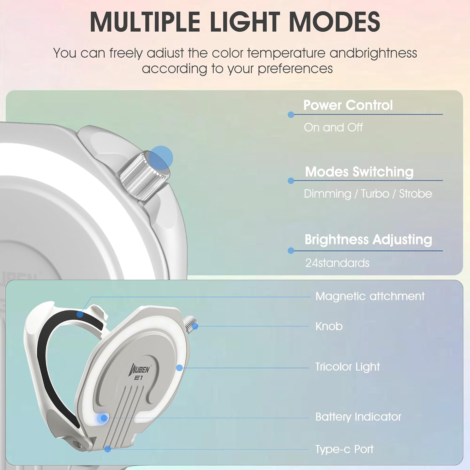 WUBEN E1 Magnetic Selfie Light, USB-Rechargeable LED Phone Light, 3000-6000K Adjustable Color Temperature, Portable Fill Light for Selfies TikTok Video Vlogging (White)