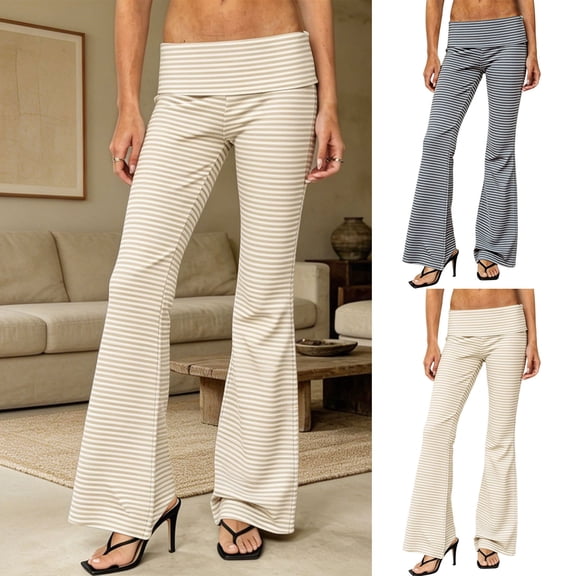 VBVC Women's Striped Fold Over Flare Pants , Ladies' Casual Slim Stretch Bell Bottom Trousers , High Waist Flare Pants For Women, Beige , S-L