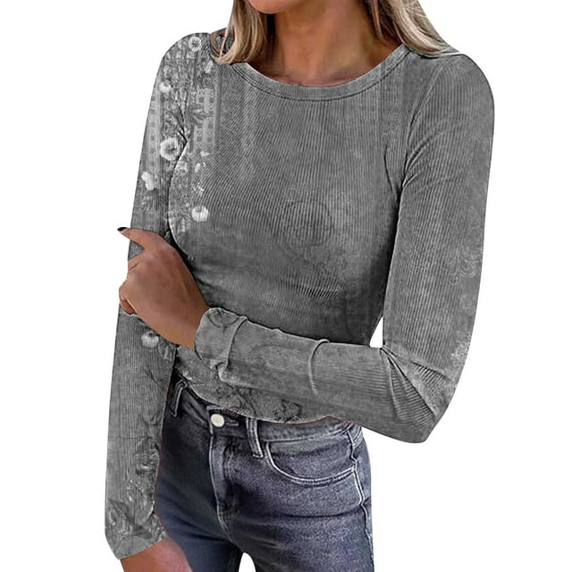Women's Long Sleeve Tops, Ribbed Knit Round Neck Blouse, Casual Basic Shirt for Everyday Wear