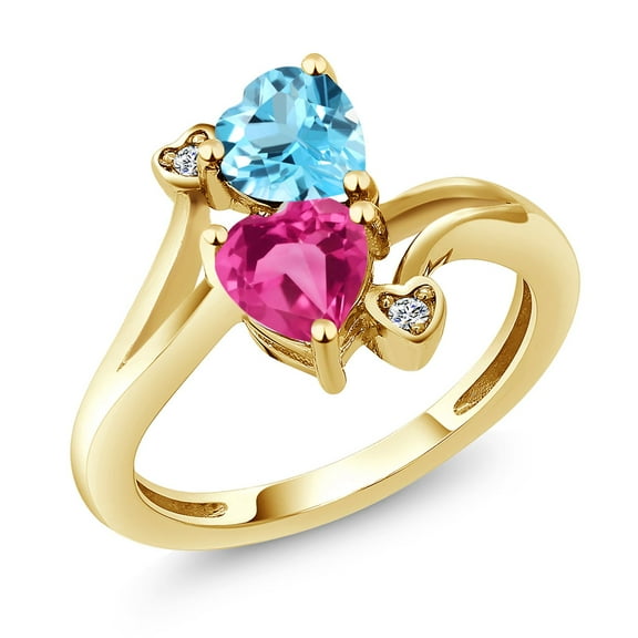 Gem Stone King 18K Yellow Gold Plated Silver Swiss Blue Topaz Pink Created Sapphire and White Lab Grown Diamond Ring for Women (1.78 Cttw, Heart Shape 6MM, Gemstone Birthstone, Size 9)