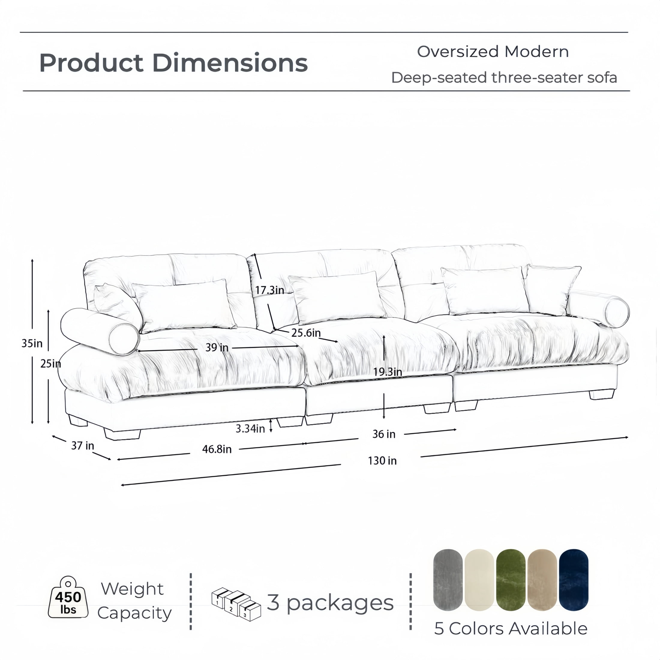 Amuille 130" Modular Sectional Sofa Velvet Cloud Couch, 3-Seat Deep Seat Couch for Living Room, With Waist Pillows and Throw Pillows, Olive Green