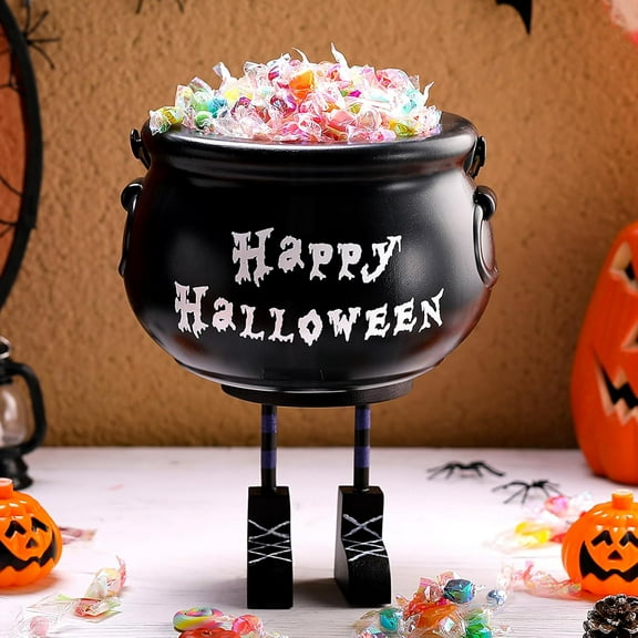 Halloween Decorations Cauldron Candy Bowl 8 Inch Plastic Black Witches Legs Candy Dish Bucket for Halloween Decor with Stickers Kitchen Trick or Treat Party Supplies Home Indoor Decor