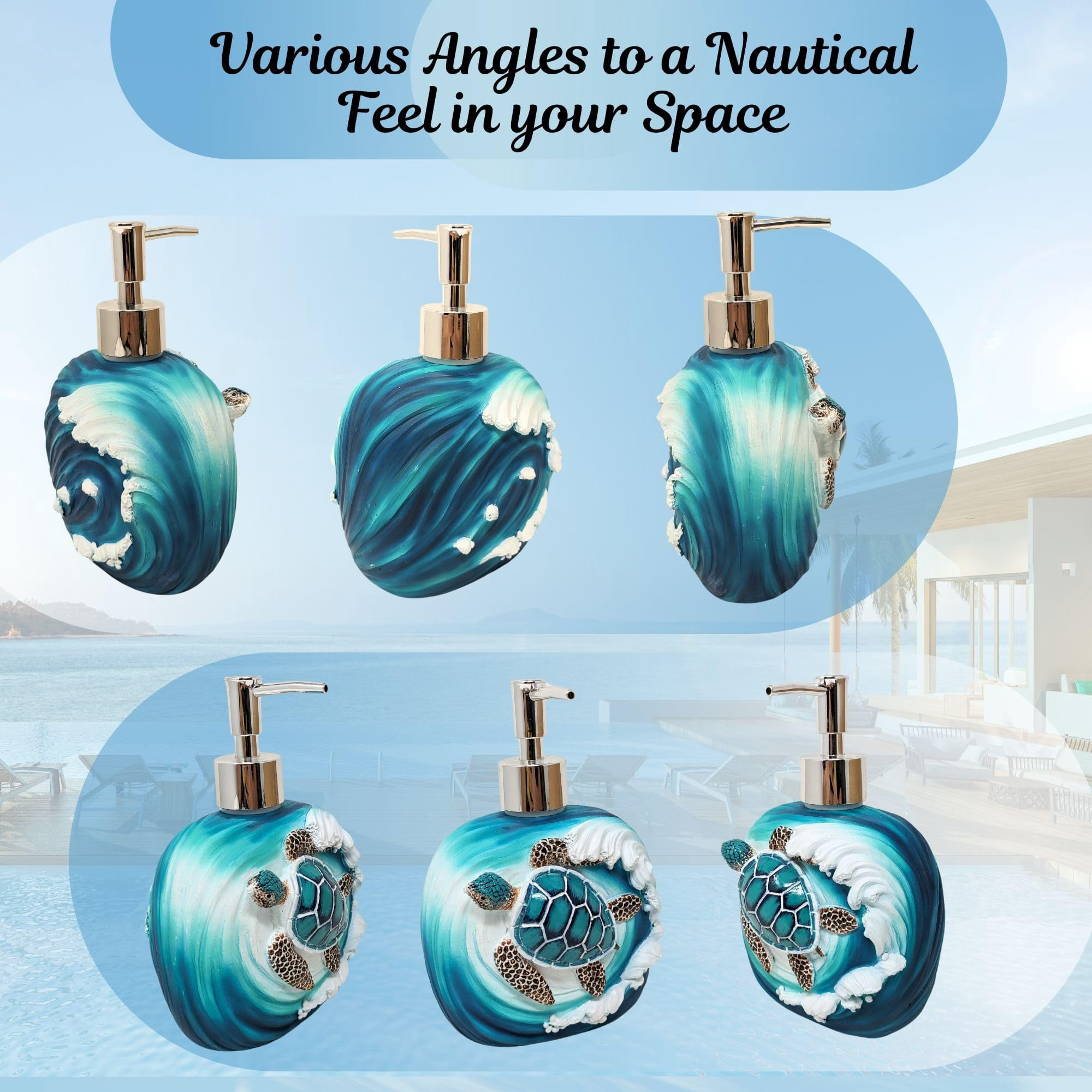 Sea Turtle Wave Decorative Soap Pump Dispenser - Nautical and Ocean - Inspired Refillable Liquid Soap and Lotion Bottle Storage - Ideal for Sea and Marine Life Lovers