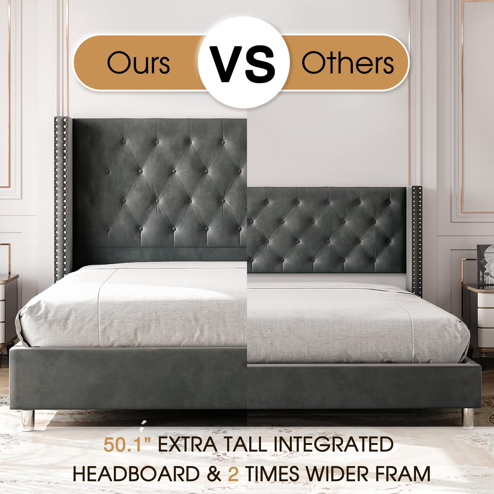 VanAcc Queen Size Velvet Low Profile Platform Beds Tufted Upholstered Platform Bed Frame Raised Wingback Headboard /No Box Spring Needed/Easy Assembly