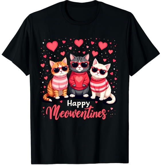 Valentine Cat Happy Meowentines Heart Valentines Cat Lover Graphic Black T-Shirt for Men and Women