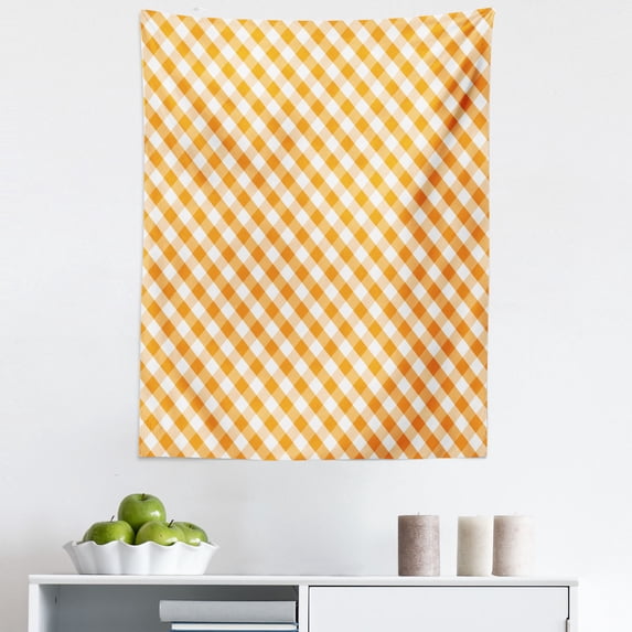 Orange and White Tapestry, Old Fashioned Picnic Pattern Gingham Checkered Retro and Geometric, Fabric Wall Hanging Decor for Bedroom Living Room Dorm, 5 Sizes, Orange and White, by Ambesonne